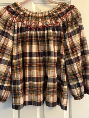 THE GREAT. Plaid Smocked Off-Shoulder Top in Cream, Navy, Mustard, Burgundy